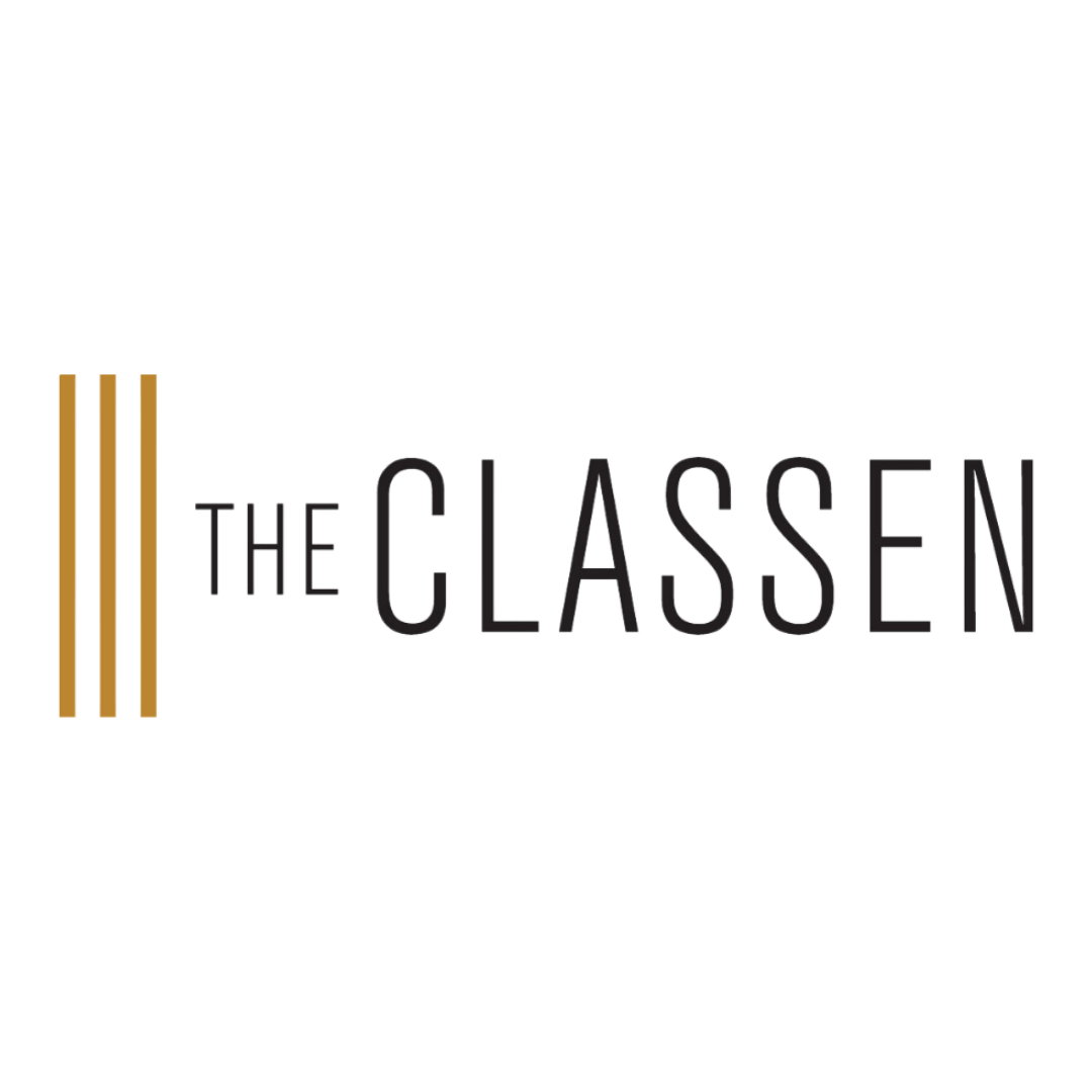 The image shows a logo with the text "THE CLASSEN" in white with three vertical lines in gold to the left of the text.